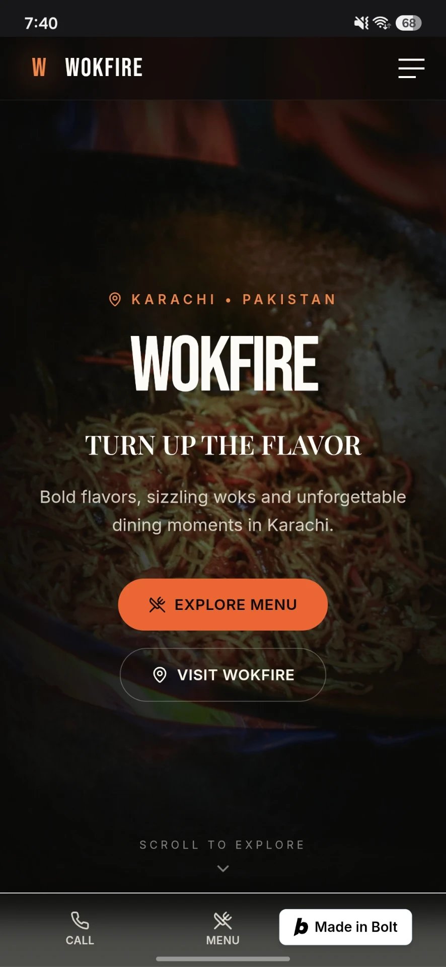 WOKFIRE RESTAURANT shown on a mobile screen — mobile-responsive website development by Quantiva Solutions